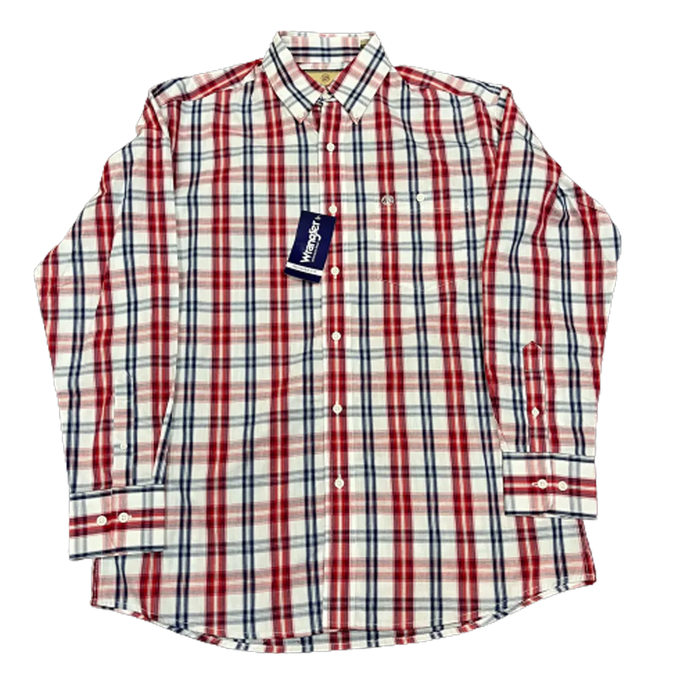 112324795 Wrangler Men's Relaxed Fit Button Down Long Sleeve Shirt- Red & Blue Plaid