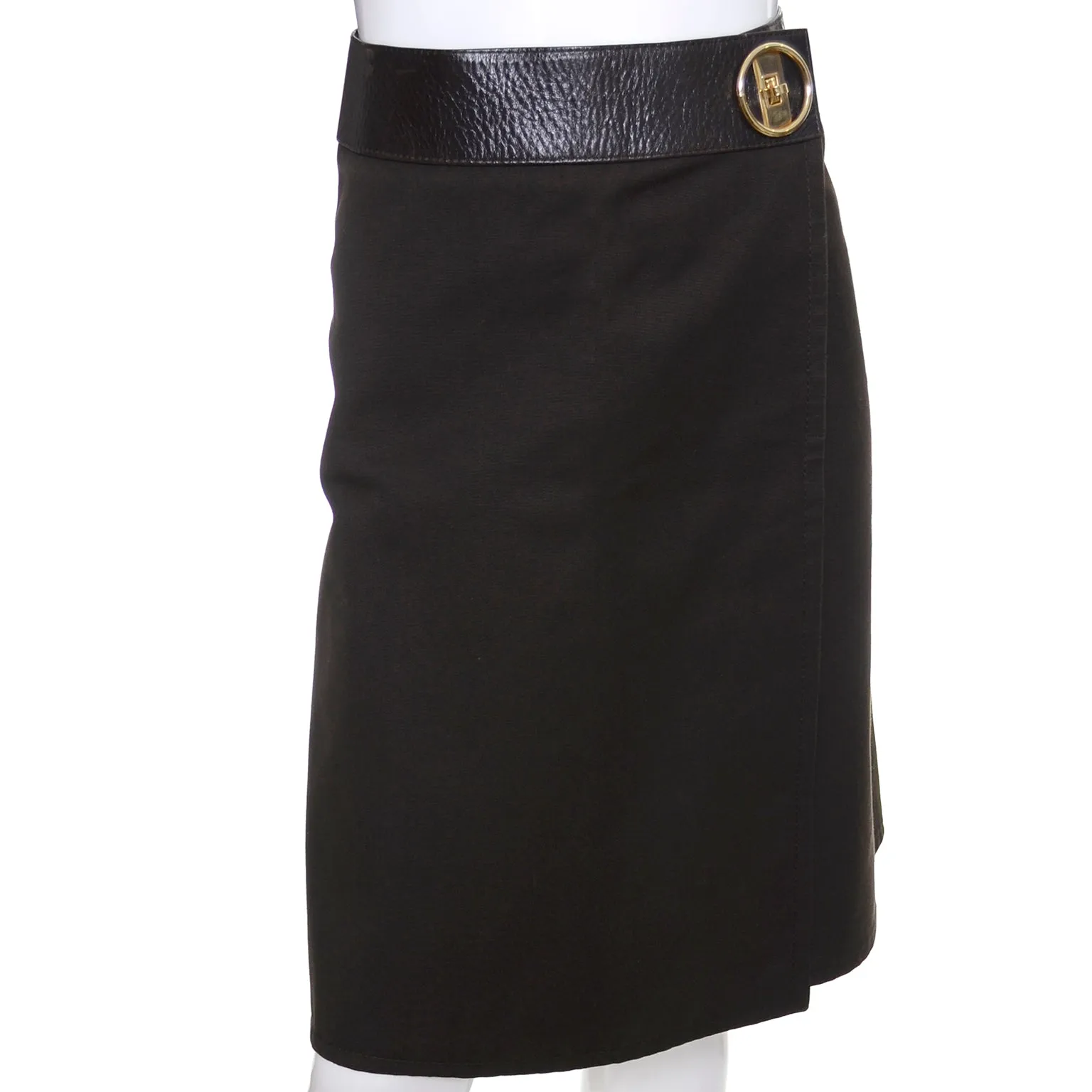 1970s Celine Paris Brown Skirt w/ Leather Trim & Gold Buckle