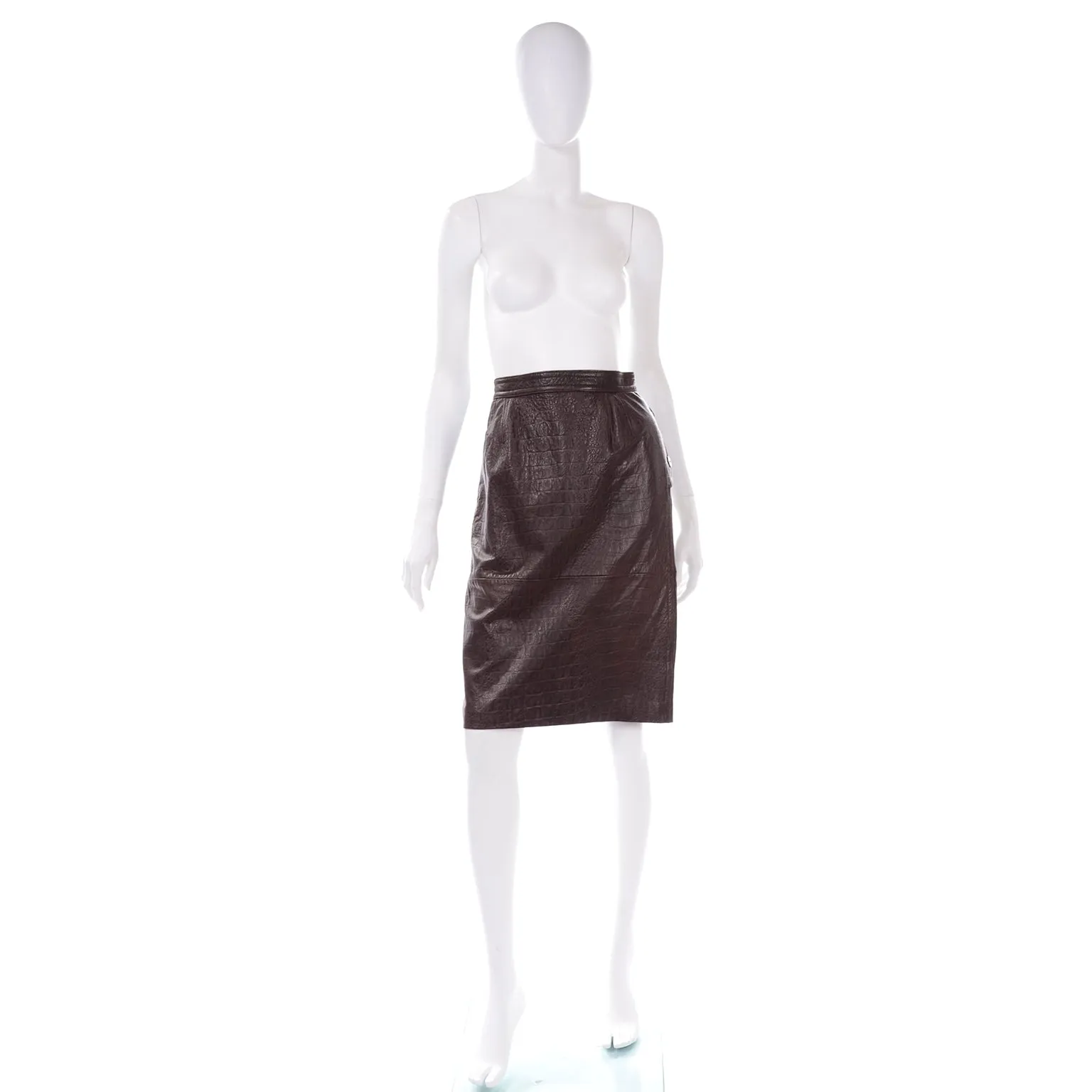 1990s Vintage Valentino Deadstock Alligator Embossed Leather Pencil Skirt