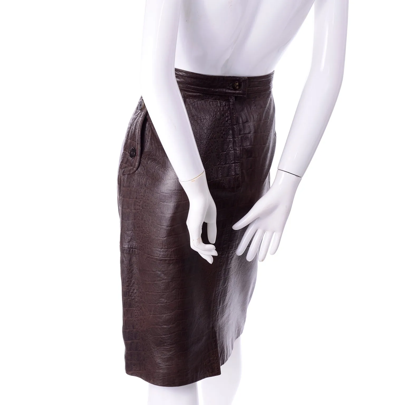 1990s Vintage Valentino Deadstock Alligator Embossed Leather Pencil Skirt