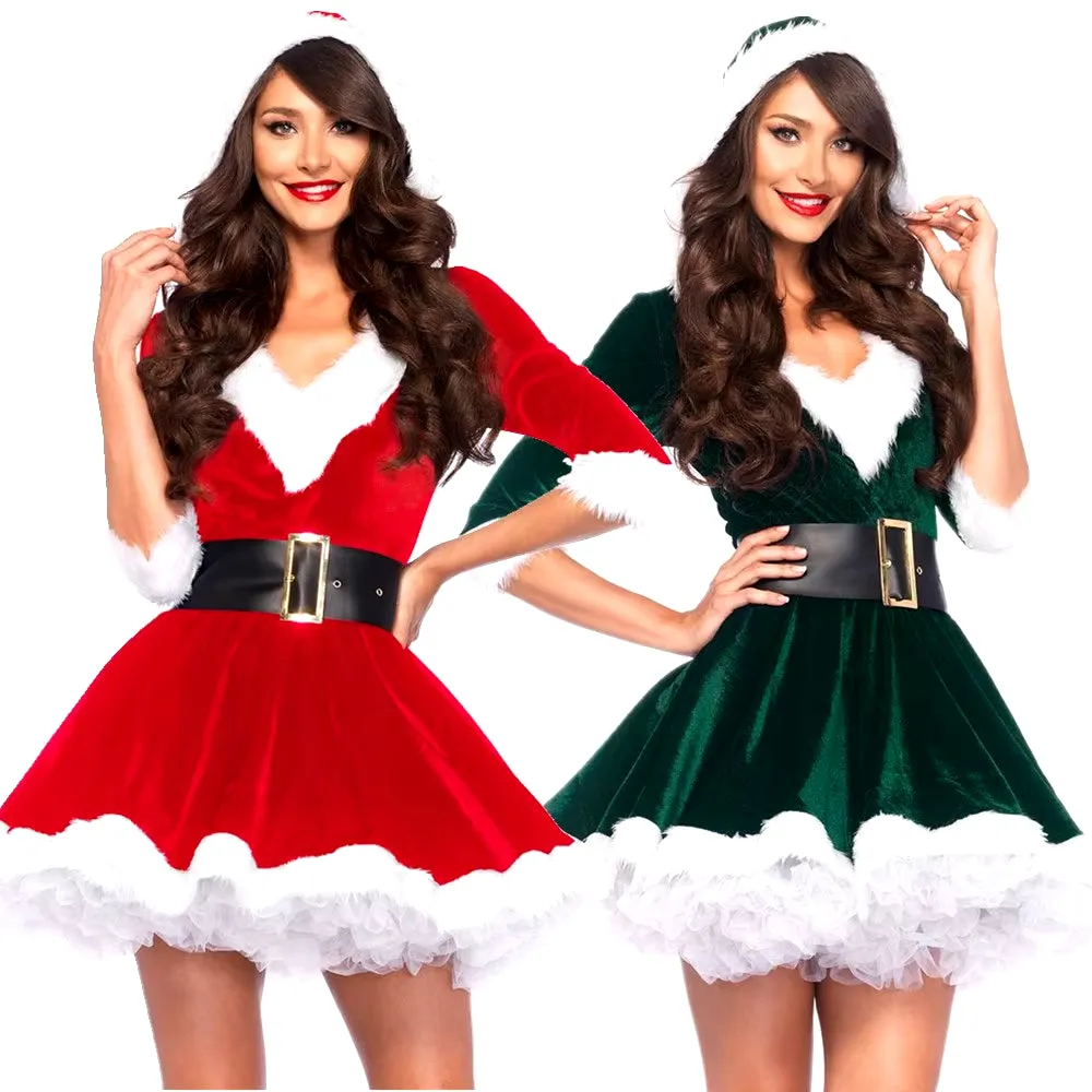 2019 Adults Lady Women Slim Fit Hooded Sexy Velvet Christmas Suit Costumes Female Santa Claus Cosplay Xmas Party Fancy Dress