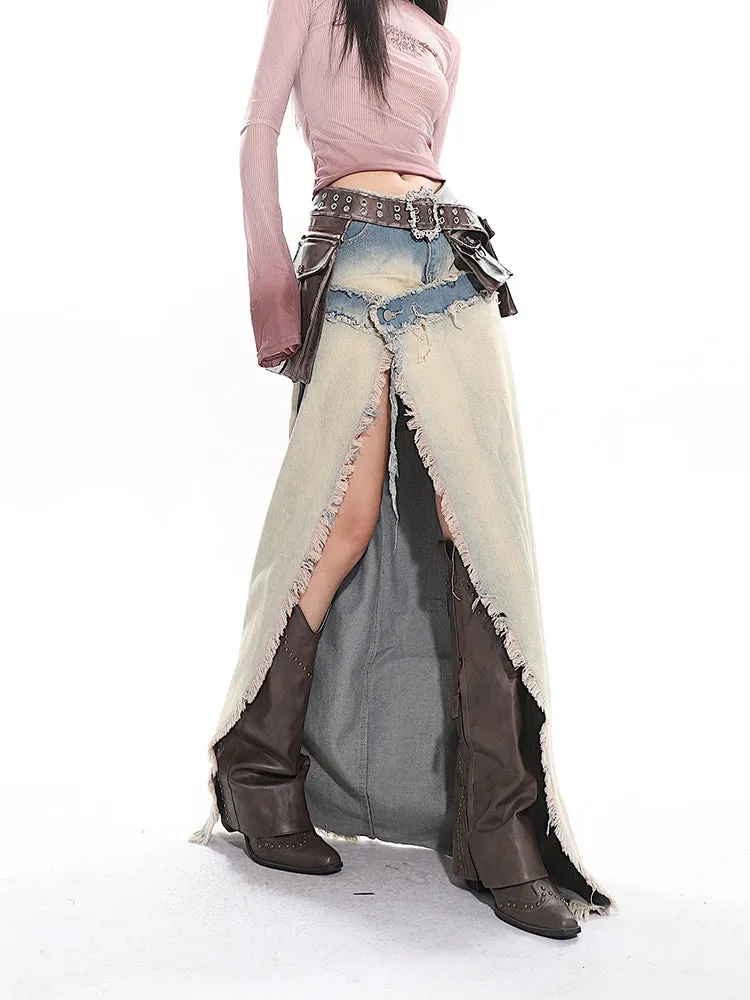 【24s April.】Distressed Raw Edge Gradient Denim Skirt