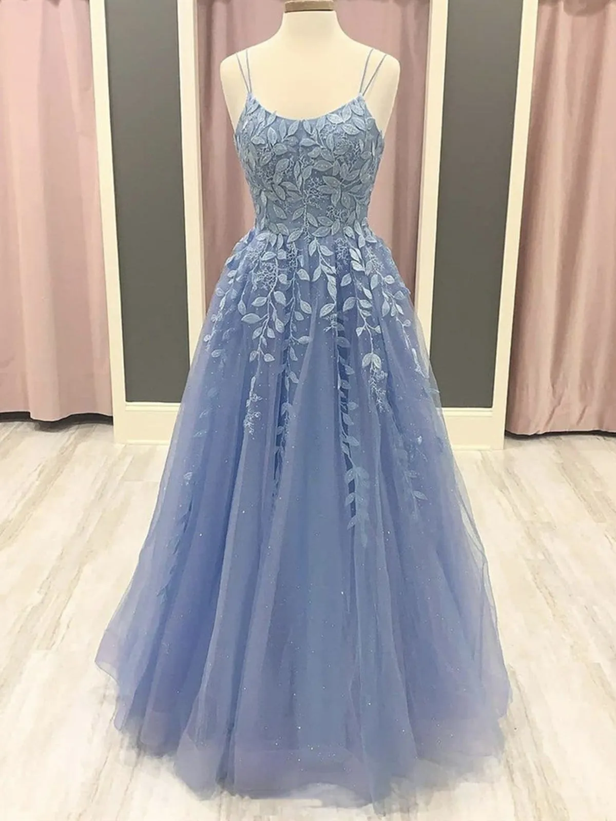 A Line Blue Lace Long Prom, Blue Lace Formal, Blue Evening