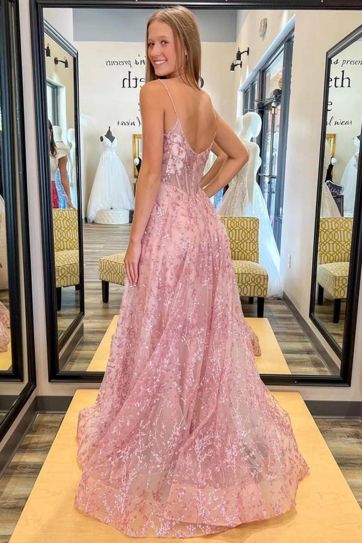 A Line Open Back Pink Sequins Lace Long Prom Dress, Open Back Pink Lace Formal Dress, Pink Lace Floral Evening Dress A2162