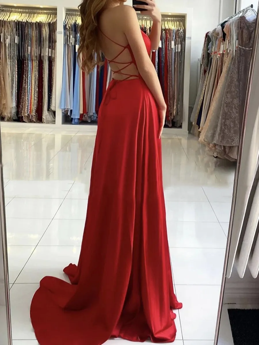 A Line V Neck Backless Long Red Prom with High Slit, Backless Red Formal Graduation Evening