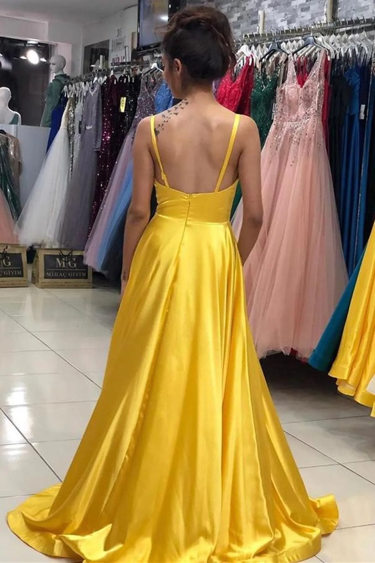 A Line V Neck Open Back Yellow/Burgundy/Blue Long Prom Dress with Leg Slit, Yellow/Burgundy/Blue Formal Graduation Evening Dress A1523