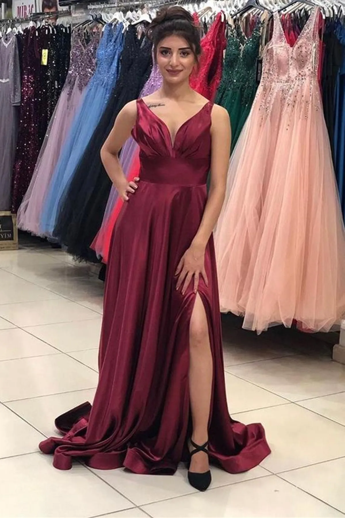 A Line V Neck Open Back Yellow/Burgundy/Blue Long Prom Dress with Leg Slit, Yellow/Burgundy/Blue Formal Graduation Evening Dress A1523