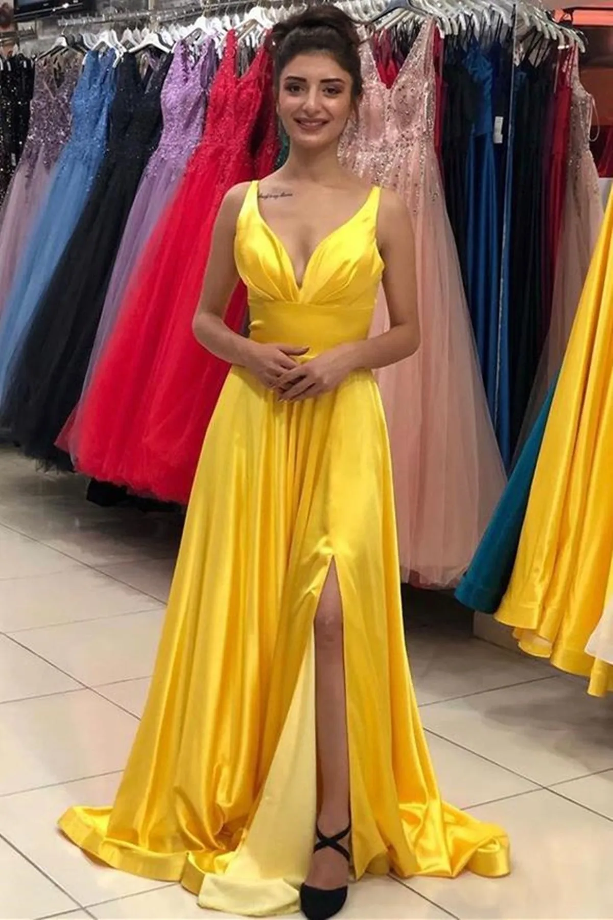 A Line V Neck Open Back Yellow/Burgundy/Blue Long Prom Dress with Leg Slit, Yellow/Burgundy/Blue Formal Graduation Evening Dress A1523