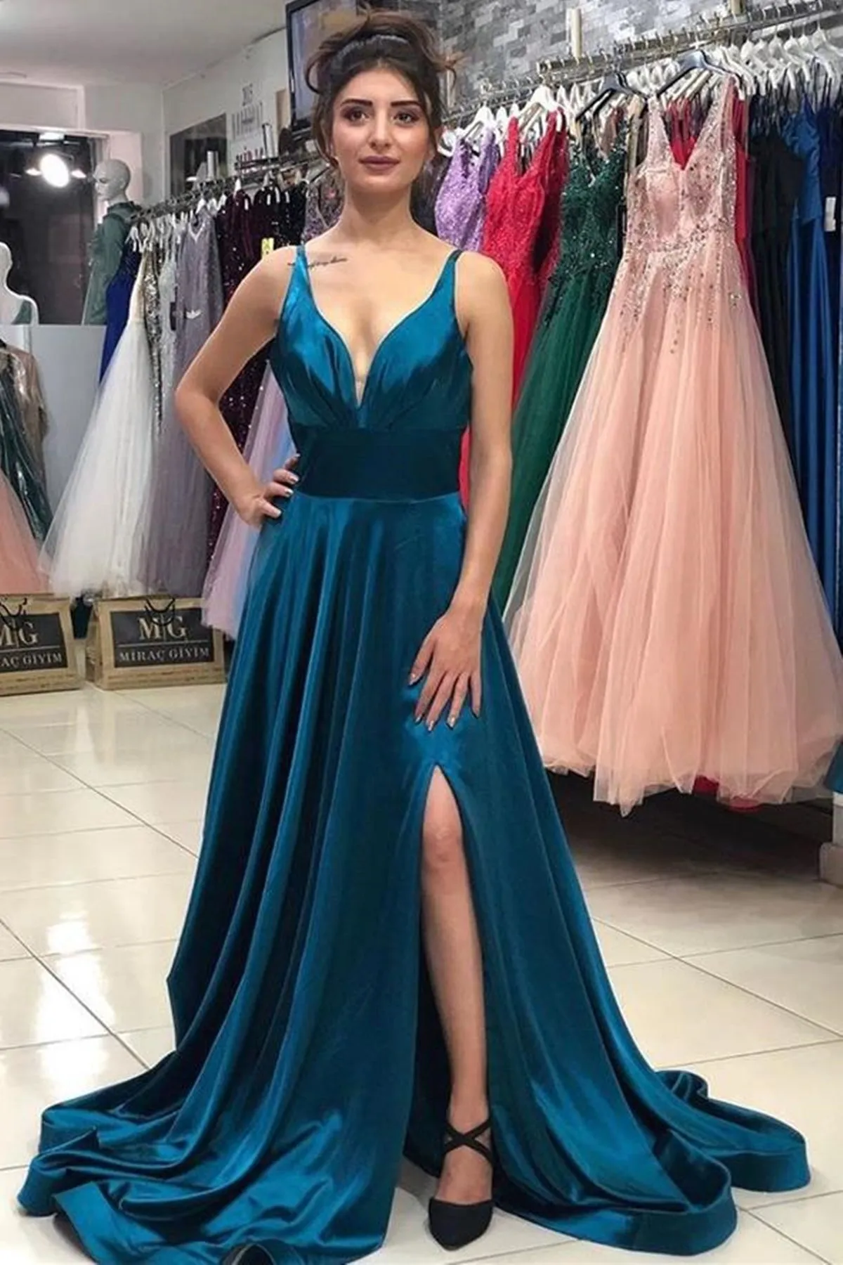 A Line V Neck Open Back Yellow/Burgundy/Blue Long Prom Dress with Leg Slit, Yellow/Burgundy/Blue Formal Graduation Evening Dress A1523