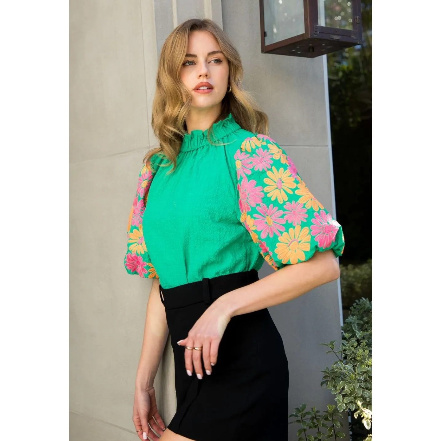 Abbot Green Embroidered Sleeve THML Top- SALE