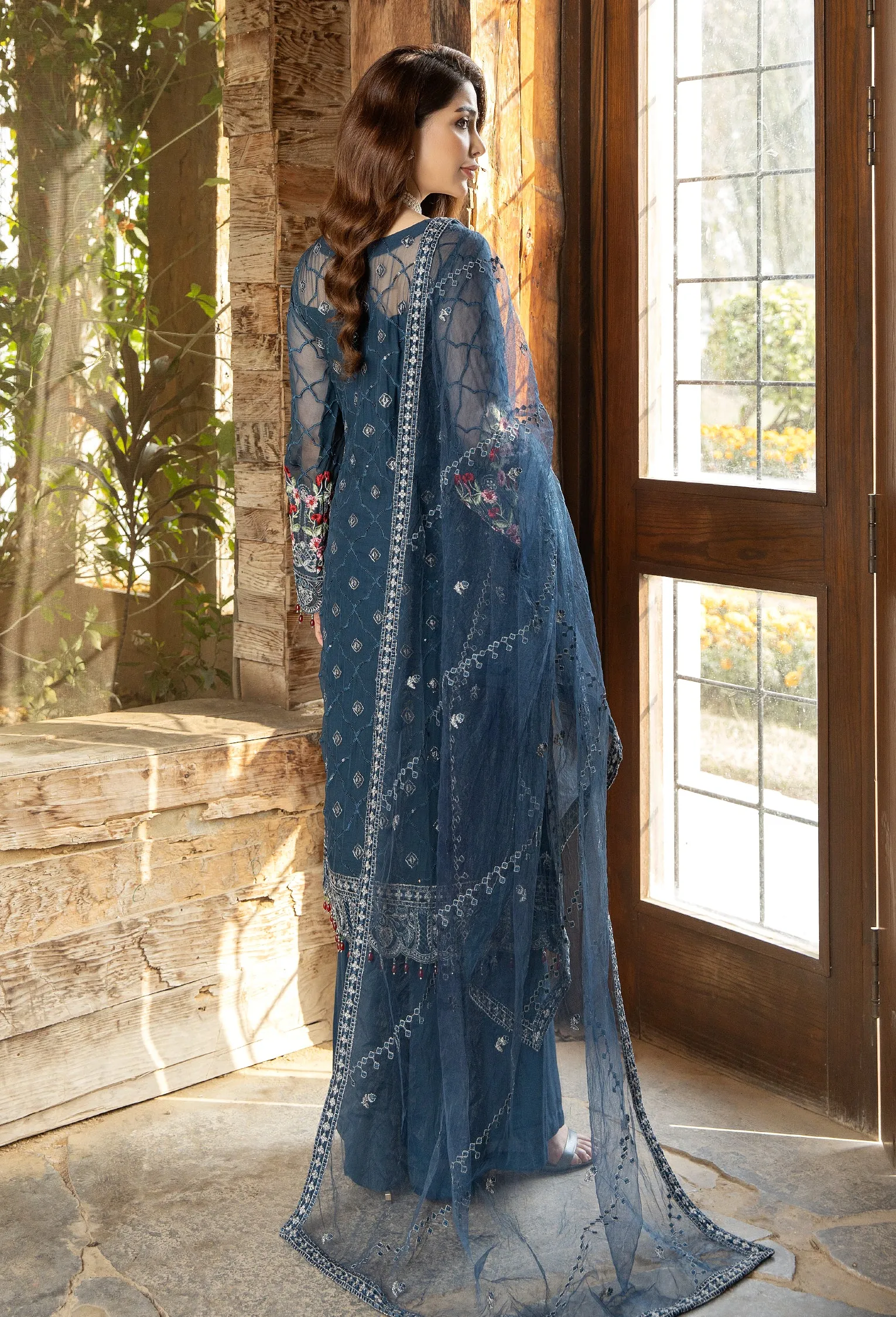 Adan's Libas Wisteria Embroidered Chiffon Collection – Teal Blue