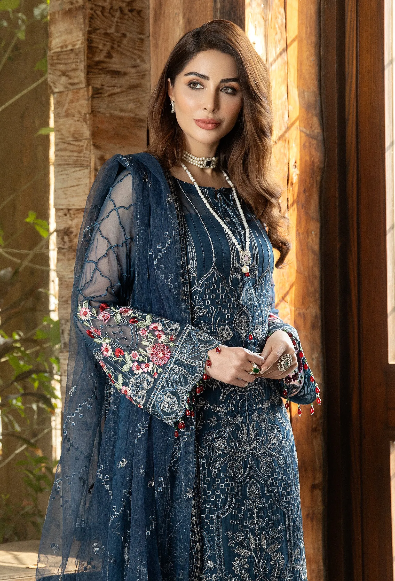 Adan's Libas Wisteria Embroidered Chiffon Collection – Teal Blue