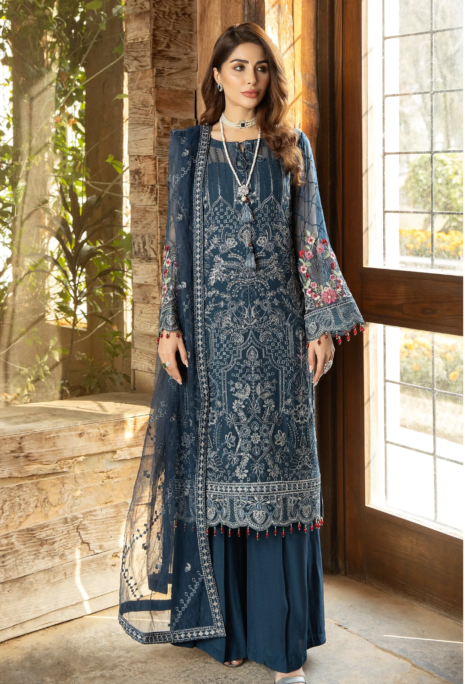 Adan's Libas Wisteria Embroidered Chiffon Collection – Teal Blue