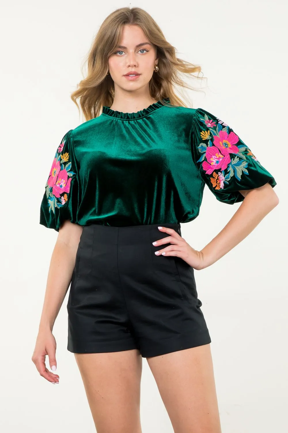 Azura Velvet Embroidered Detail Puff Sleeve THML Top