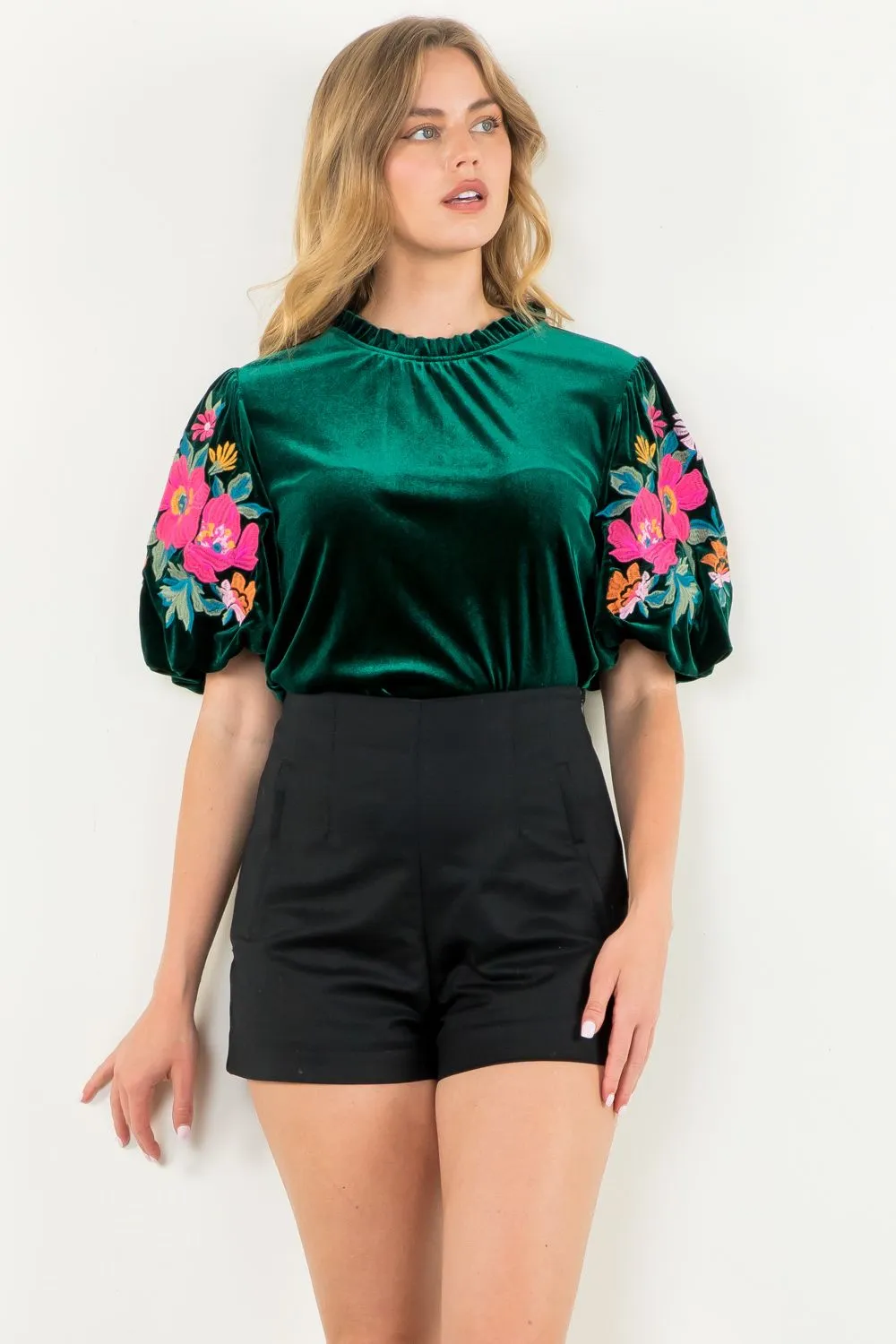 Azura Velvet Embroidered Detail Puff Sleeve THML Top