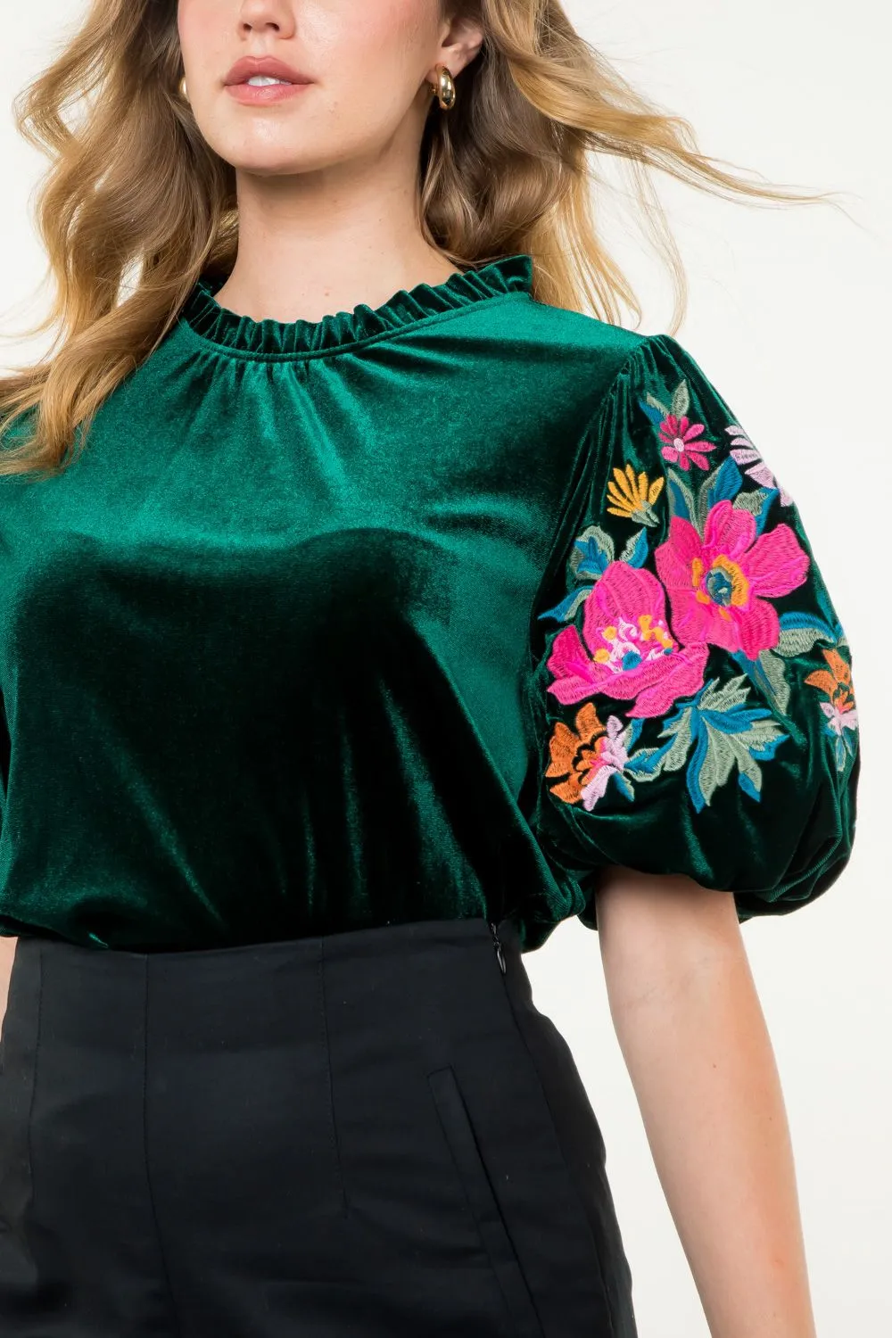 Azura Velvet Embroidered Detail Puff Sleeve THML Top