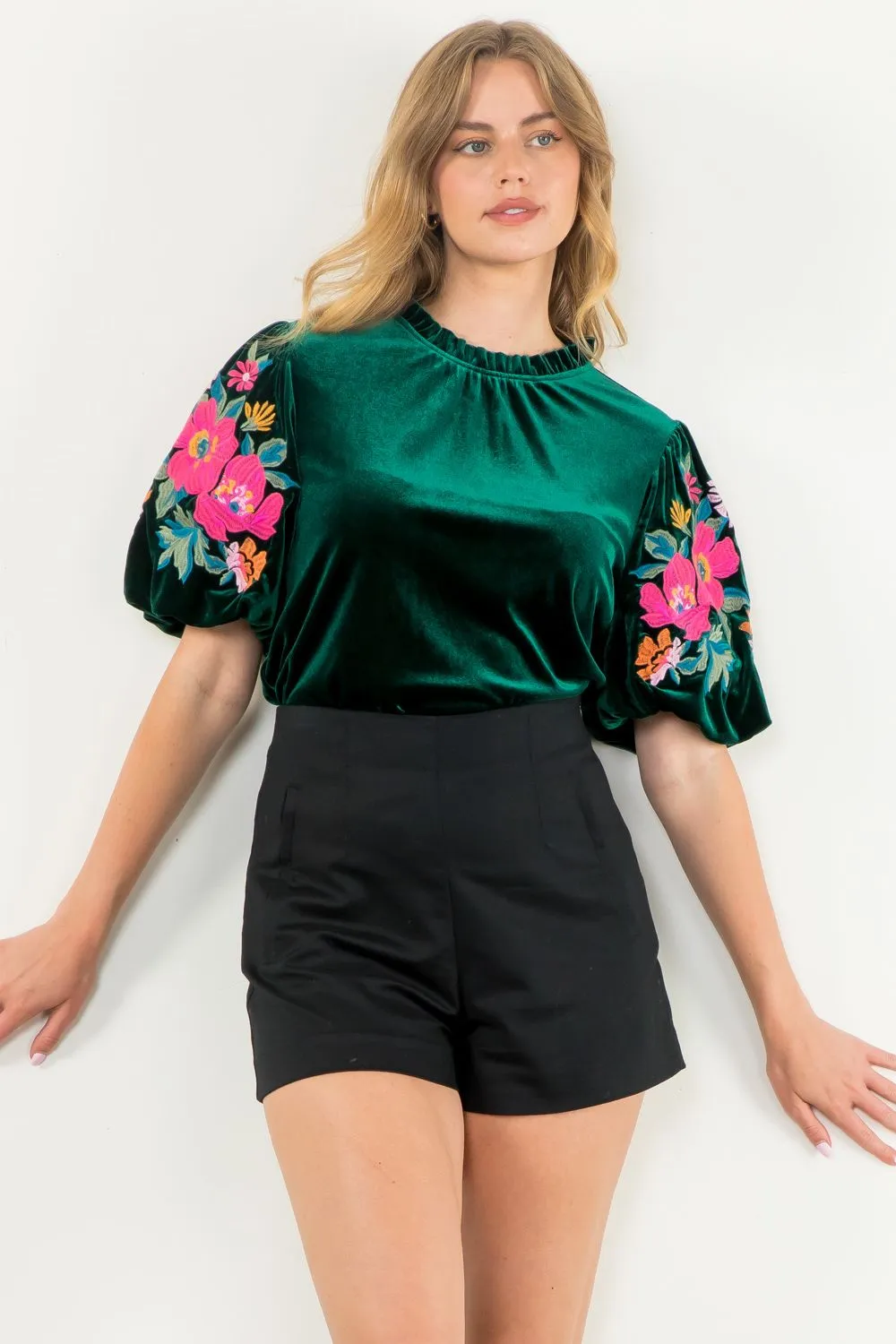 Azura Velvet Embroidered Detail Puff Sleeve THML Top