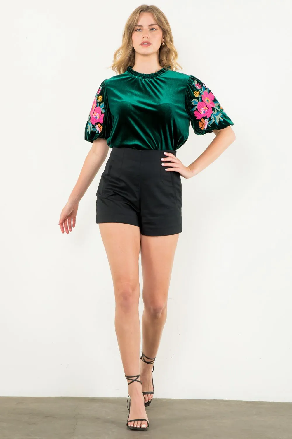 Azura Velvet Embroidered Detail Puff Sleeve THML Top