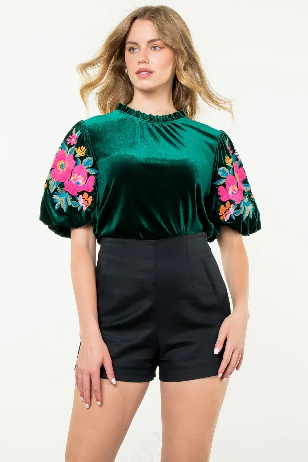 Azura Velvet Embroidered Detail Puff Sleeve THML Top