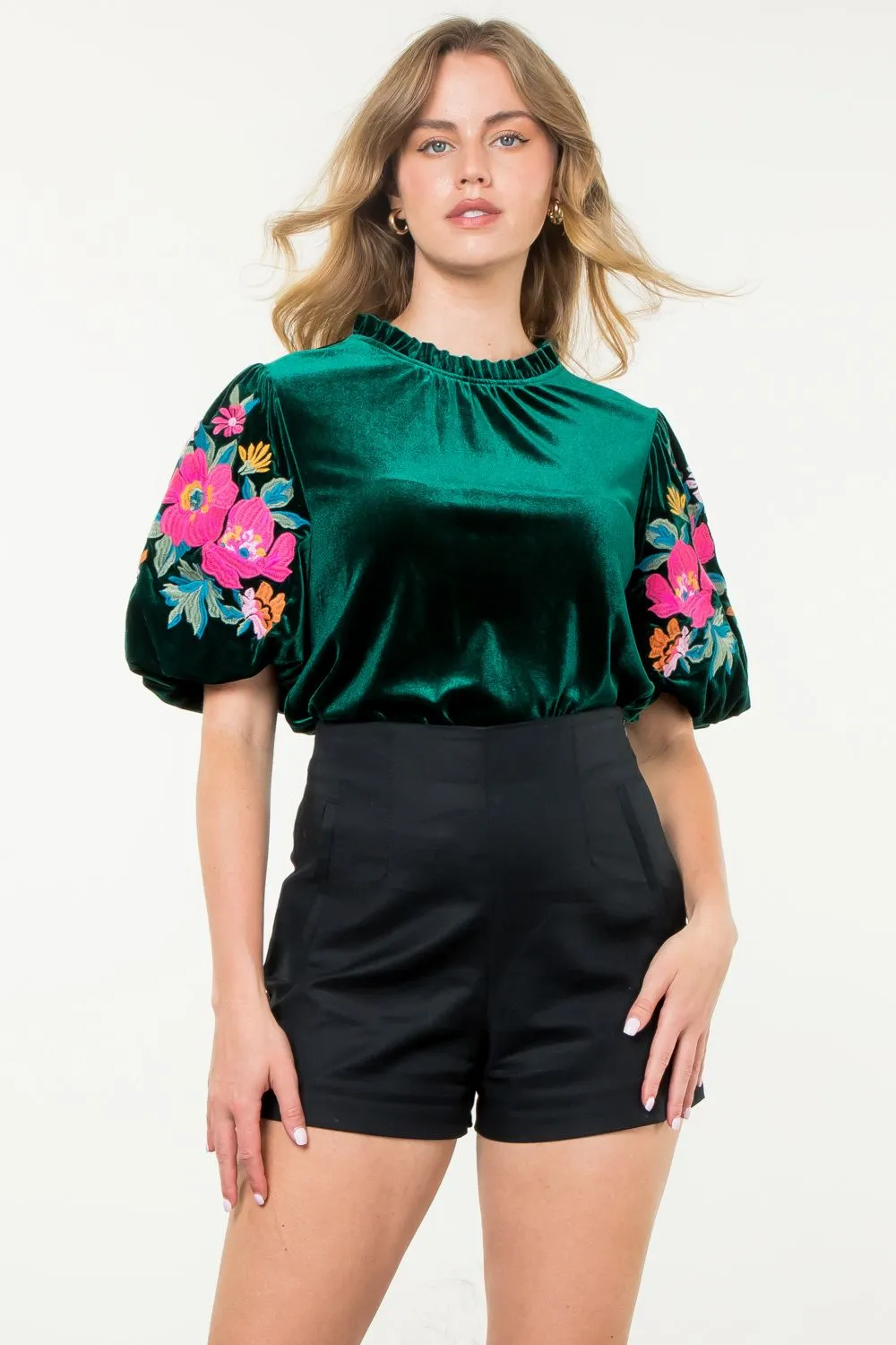 Azura Velvet Embroidered Detail Puff Sleeve THML Top