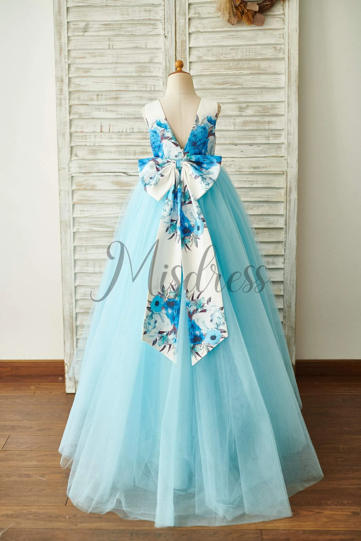 Ball Gown Blue Printed Floral Satin Tulle V Back Wedding Flower Girl Dress