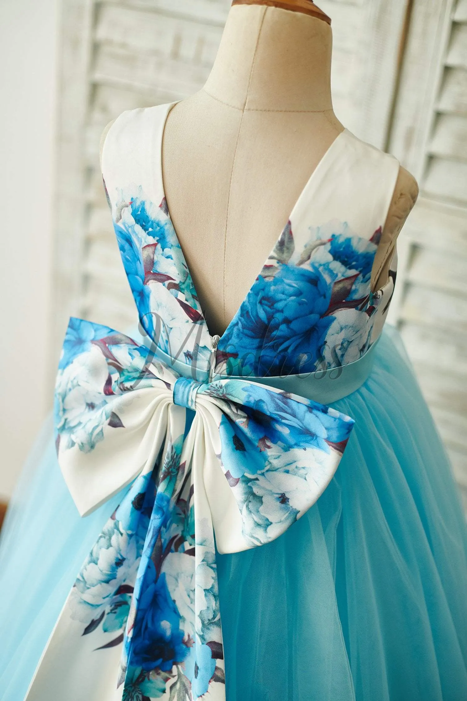 Ball Gown Blue Printed Floral Satin Tulle V Back Wedding Flower Girl Dress