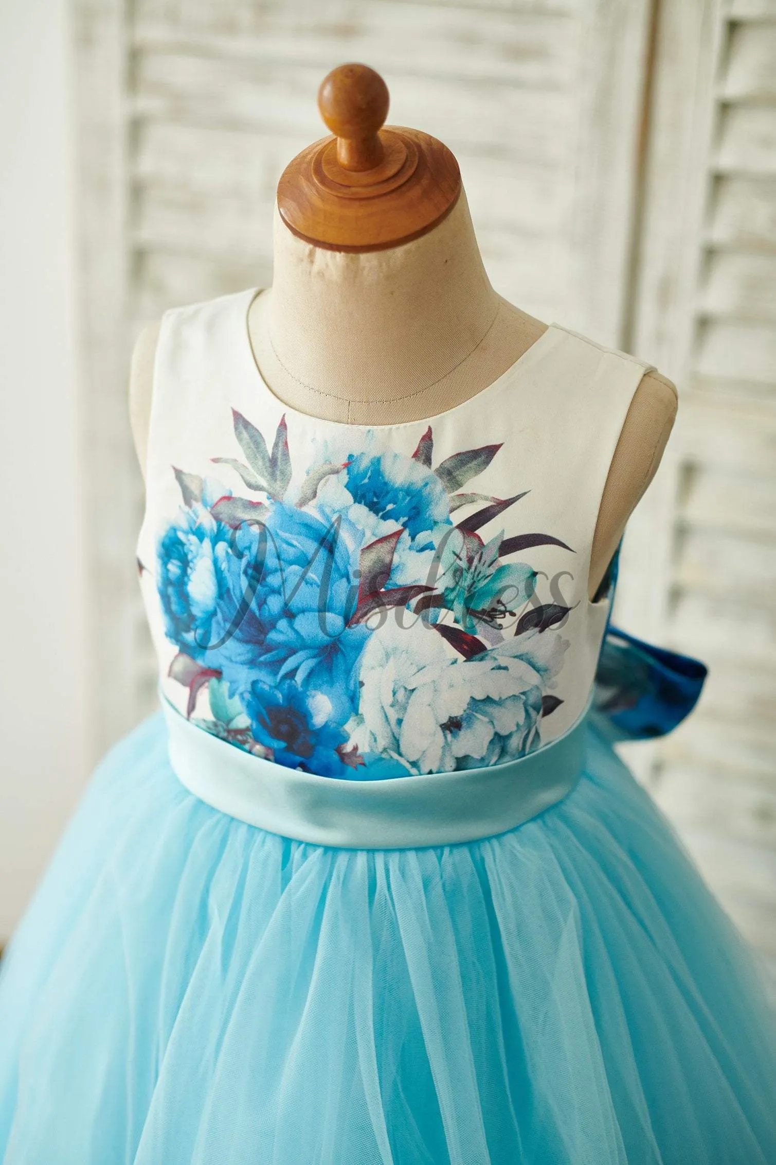 Ball Gown Blue Printed Floral Satin Tulle V Back Wedding Flower Girl Dress