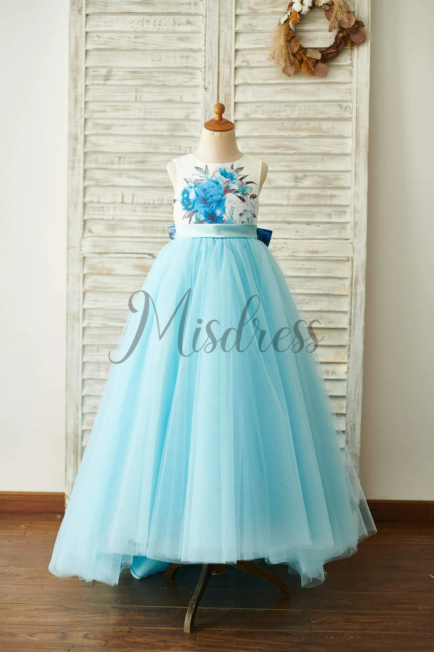 Ball Gown Blue Printed Floral Satin Tulle V Back Wedding Flower Girl Dress