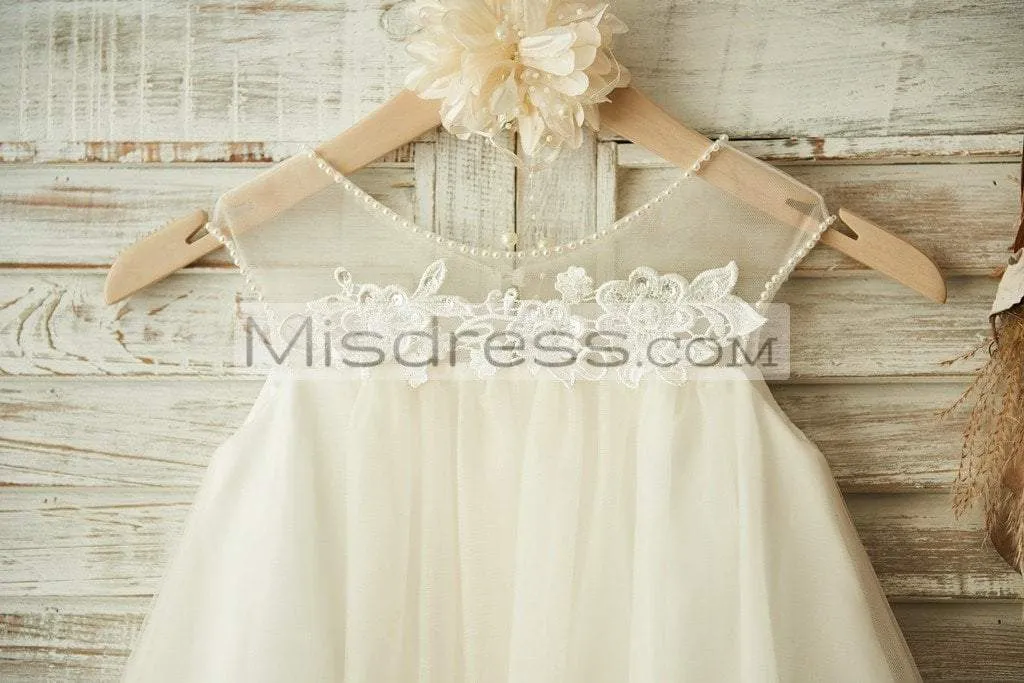 Beach Sheer Neck Ivory Tulle Lace Wedding Flower Girl Dress, Pearls