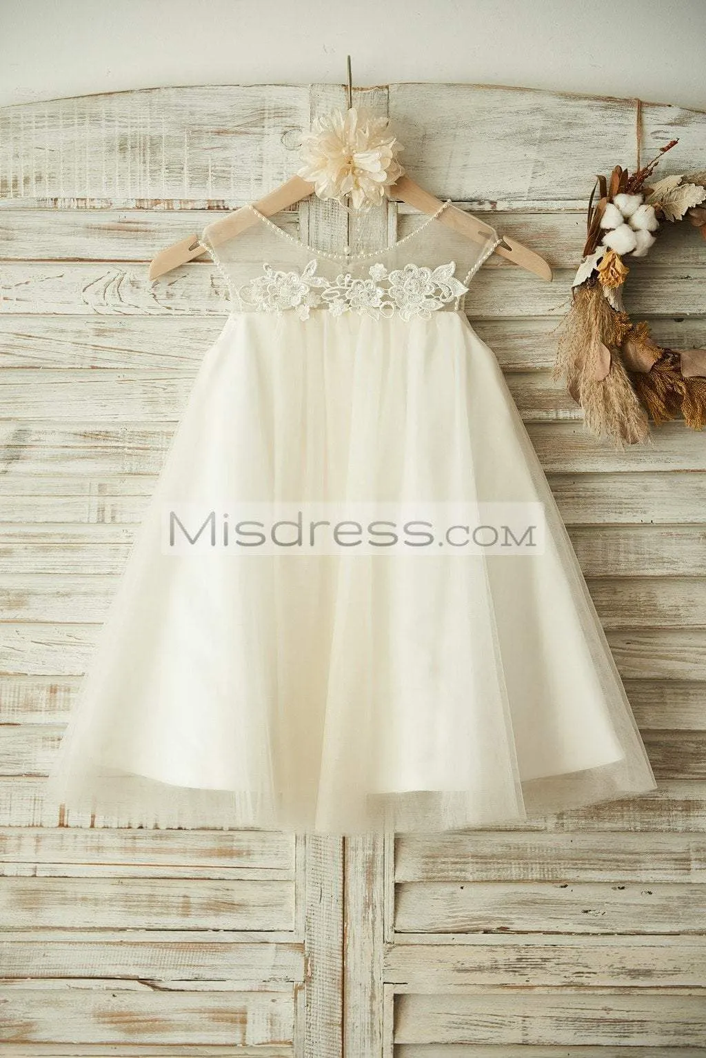 Beach Sheer Neck Ivory Tulle Lace Wedding Flower Girl Dress, Pearls