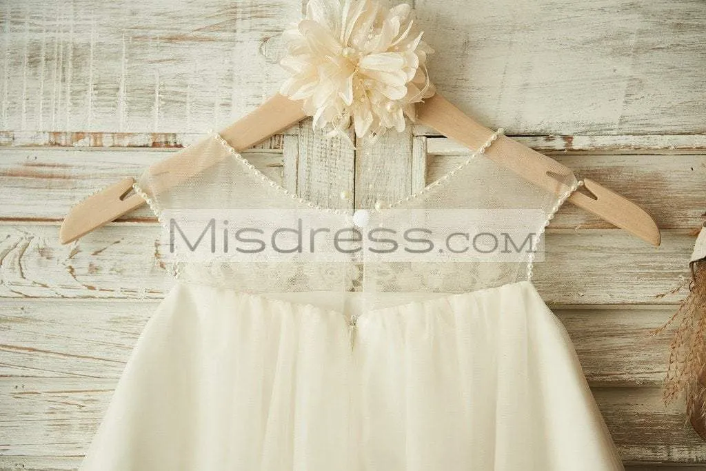 Beach Sheer Neck Ivory Tulle Lace Wedding Flower Girl Dress, Pearls