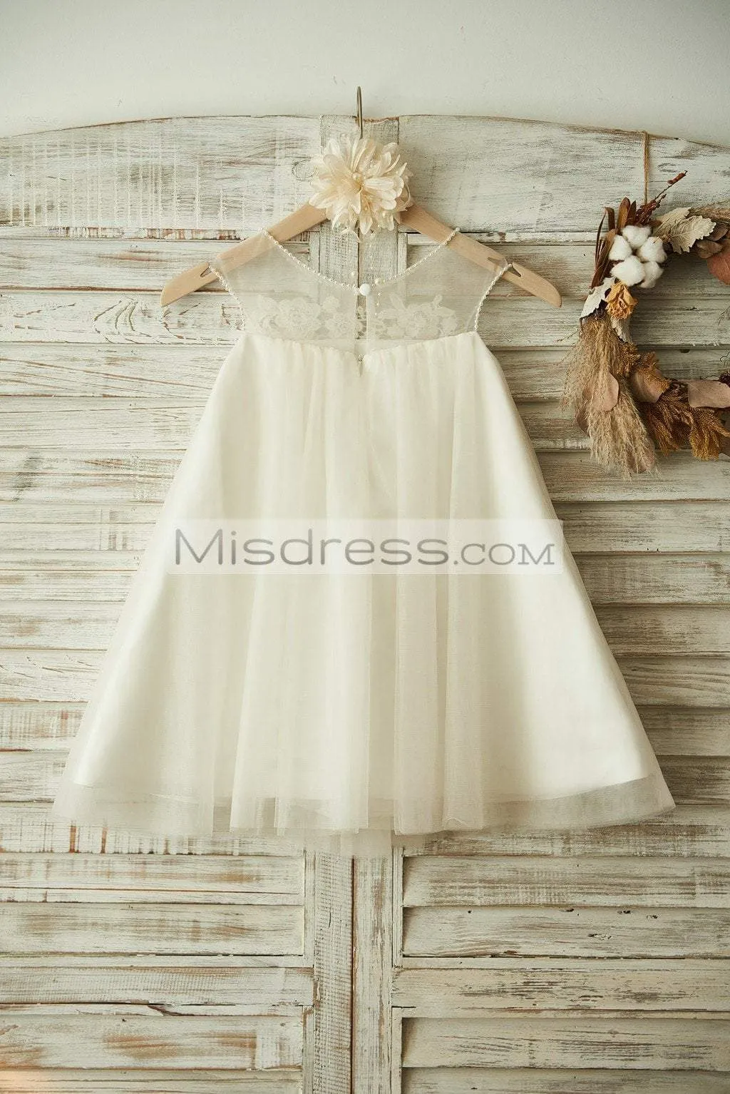 Beach Sheer Neck Ivory Tulle Lace Wedding Flower Girl Dress, Pearls