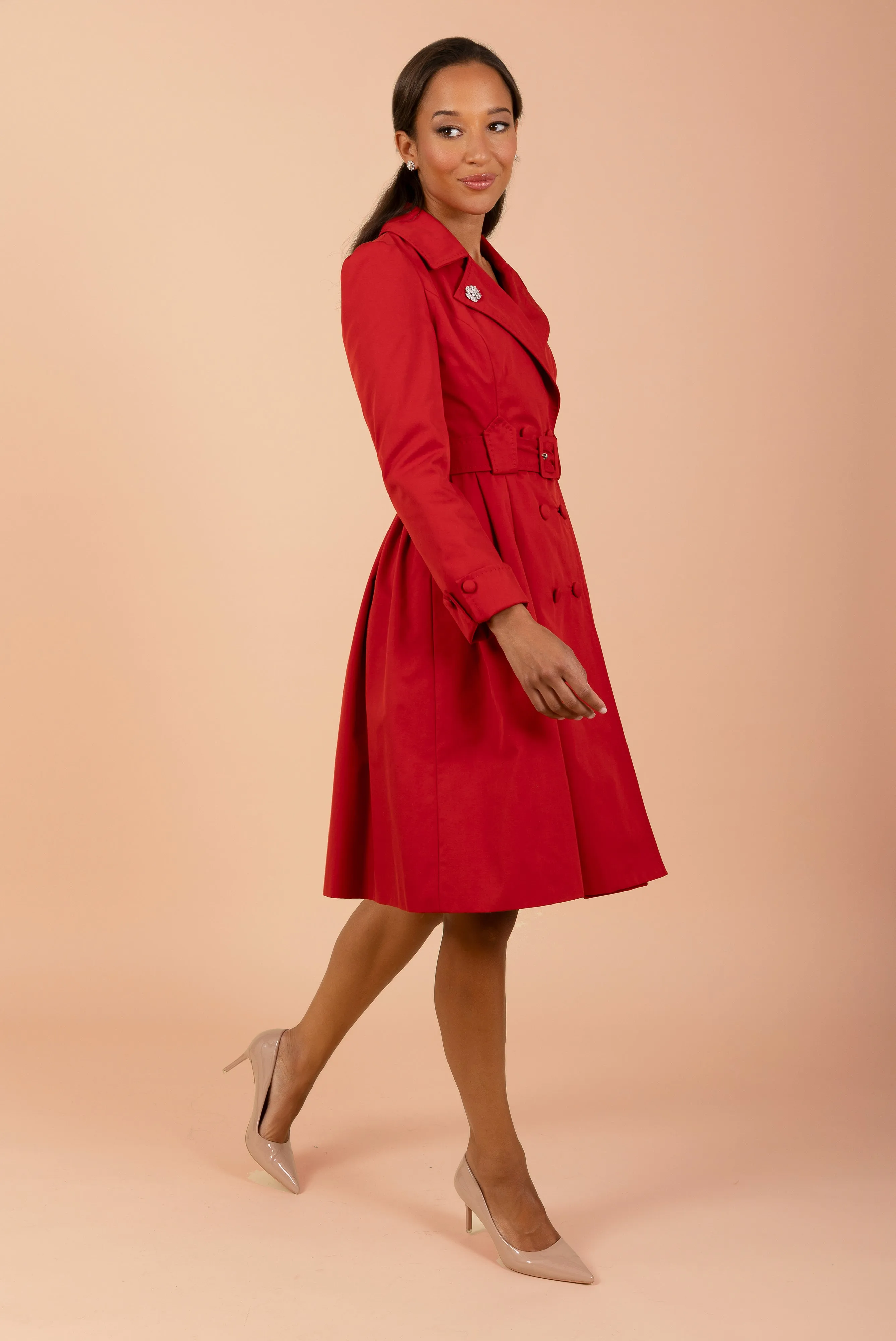 'Bergman' Cotton Gaberdine Dress Trench Coat in Rosso