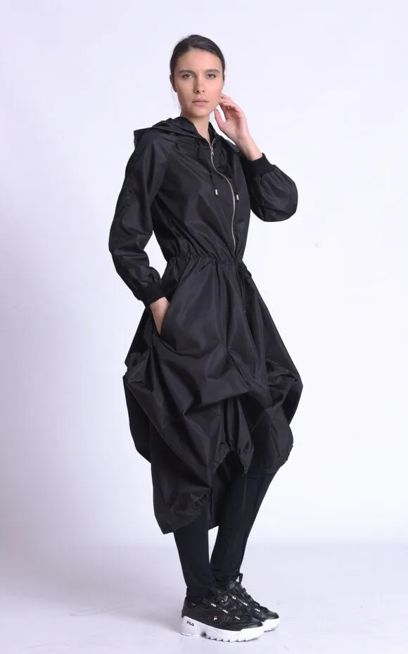 Black Asymmetric Hooded Raincoat