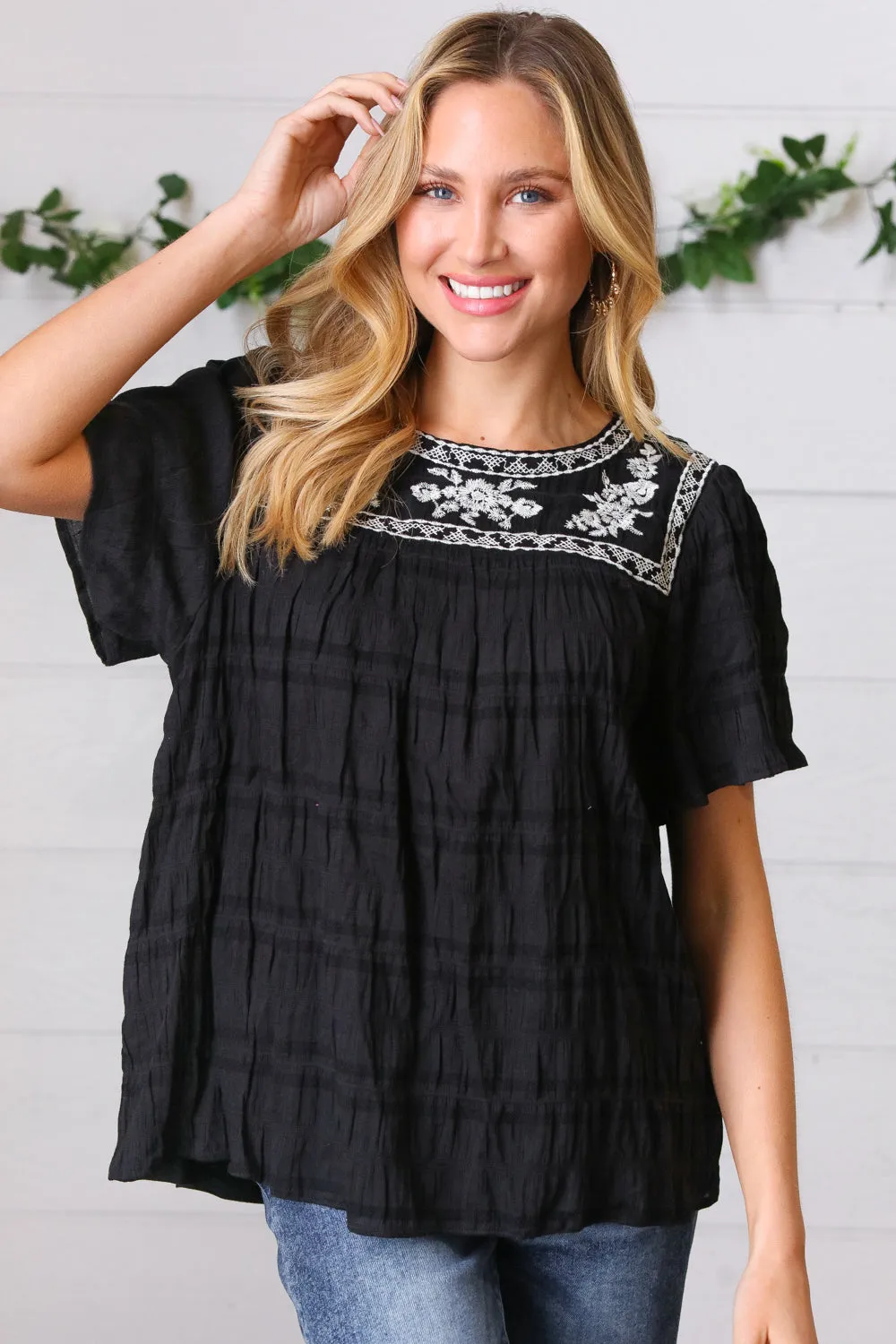 Black Embroidered Smocked Top