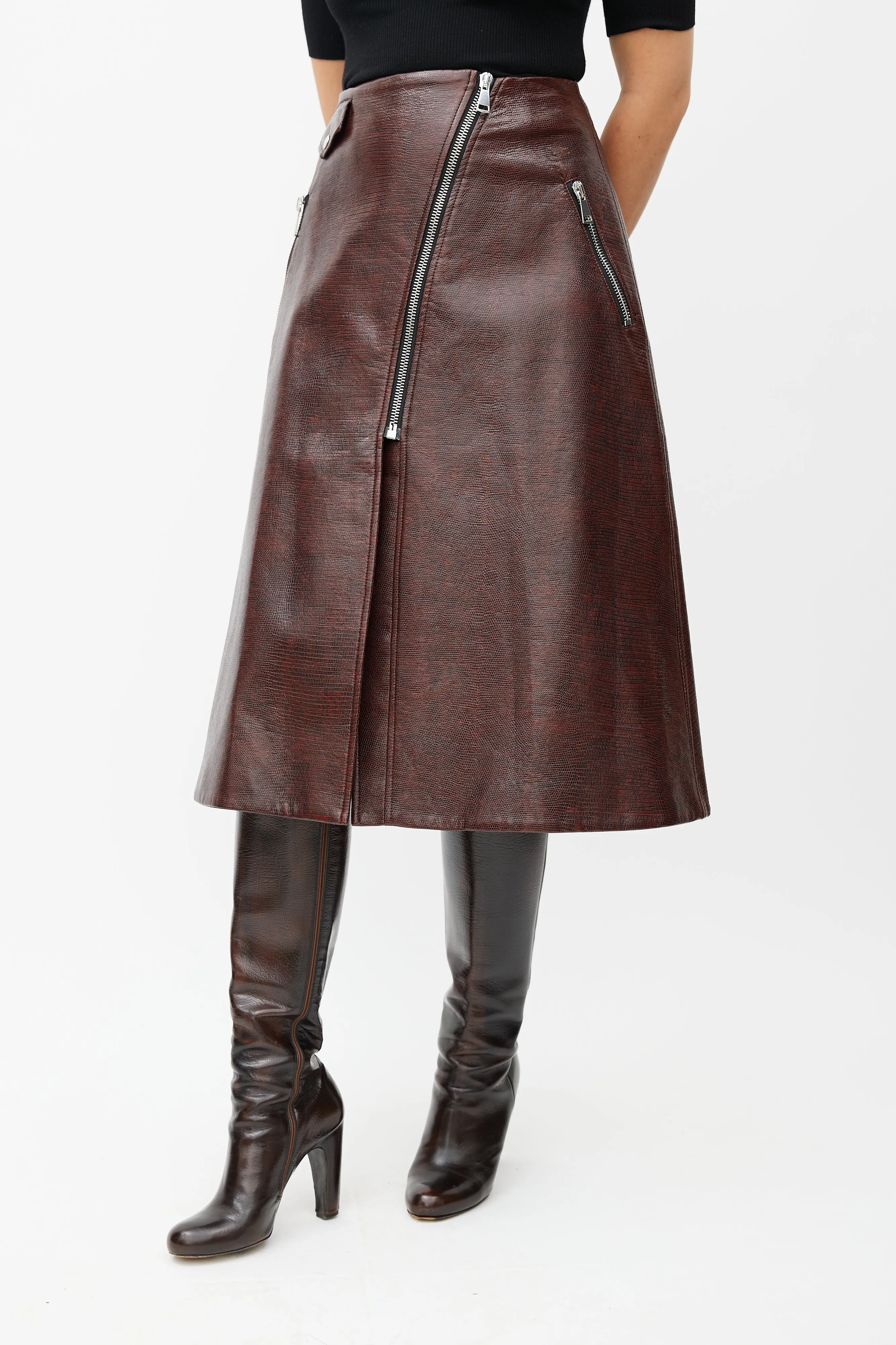 Burgundy Garbo Faux Leather Wrap Skirt