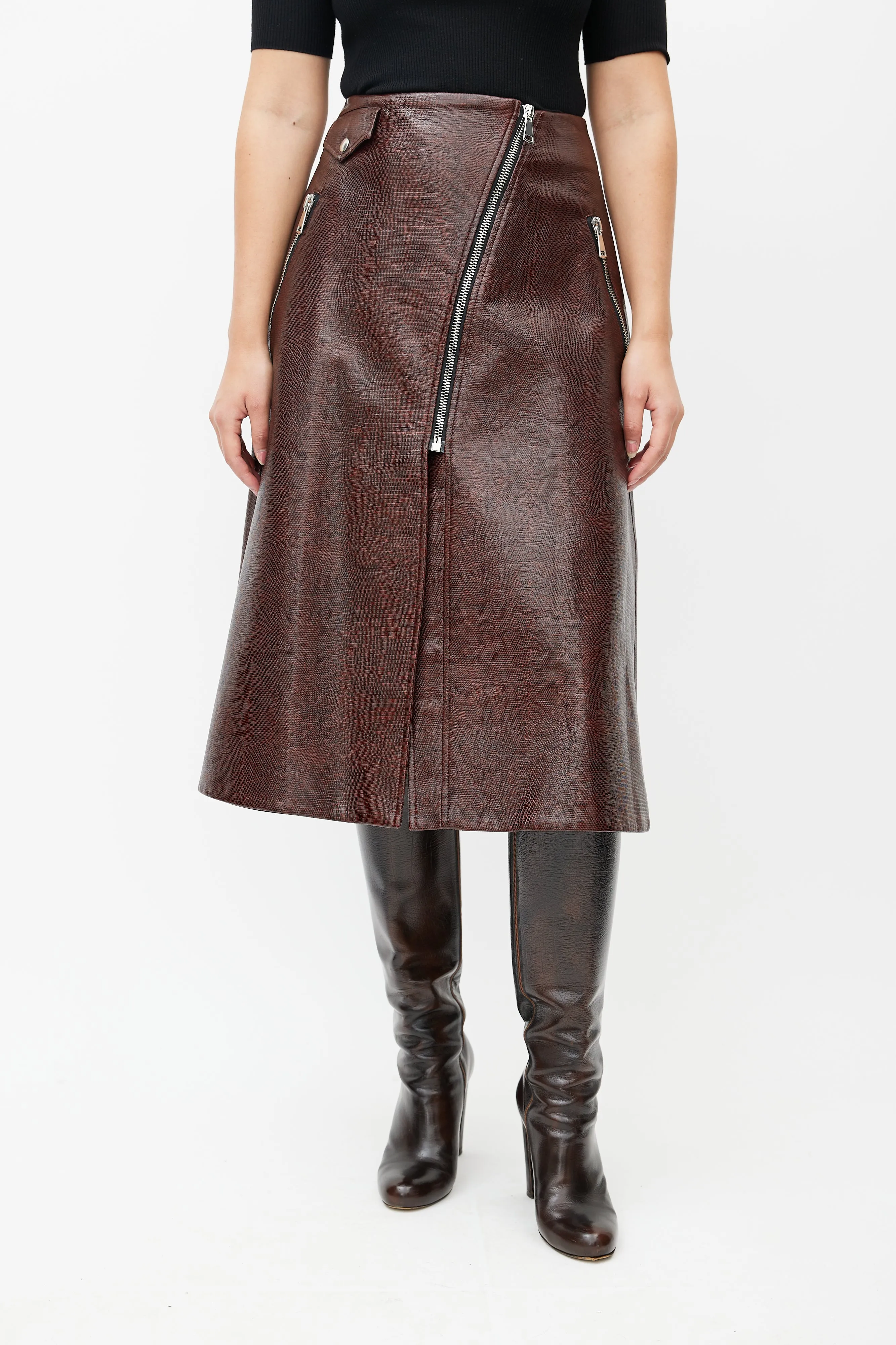 Burgundy Garbo Faux Leather Wrap Skirt