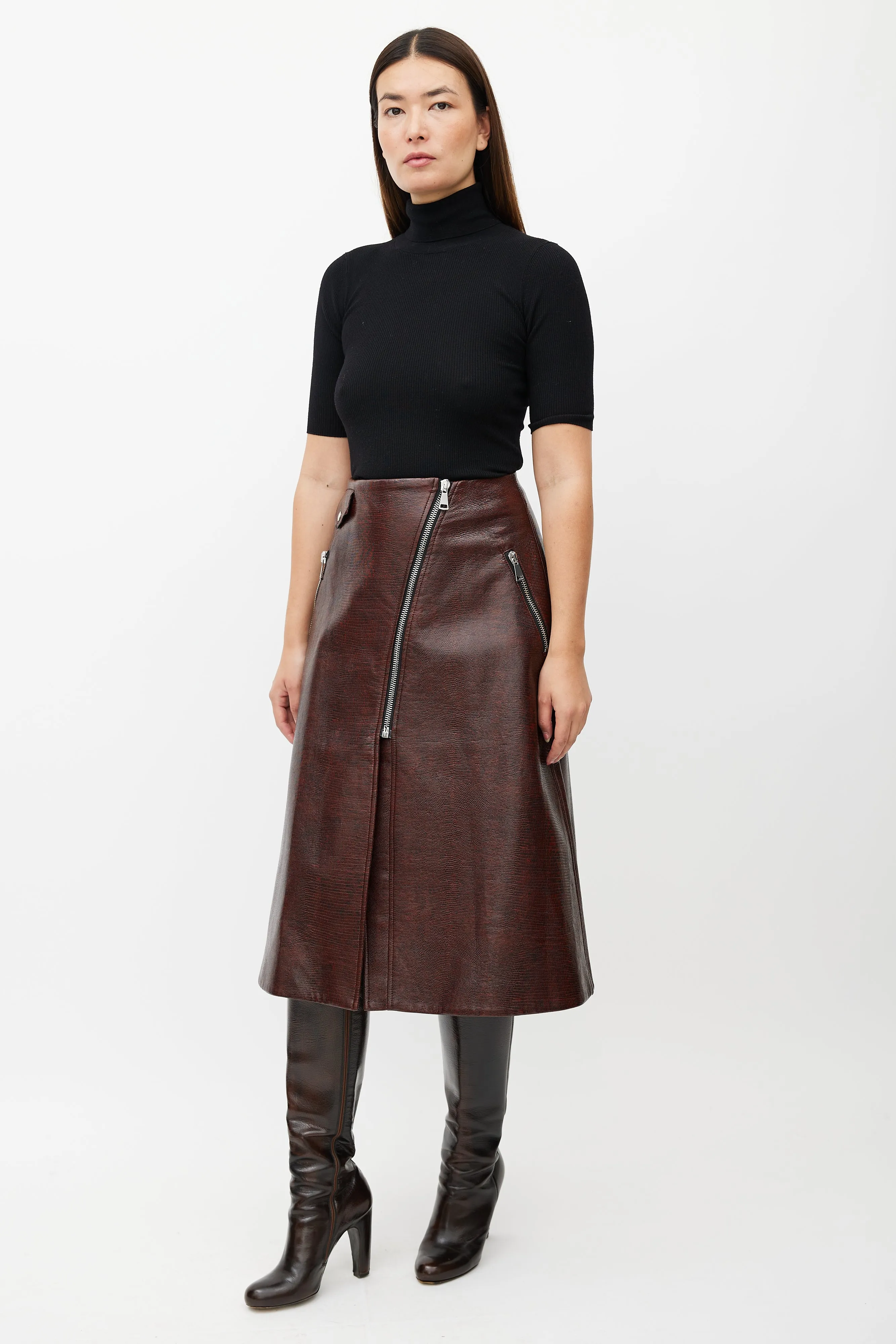 Burgundy Garbo Faux Leather Wrap Skirt