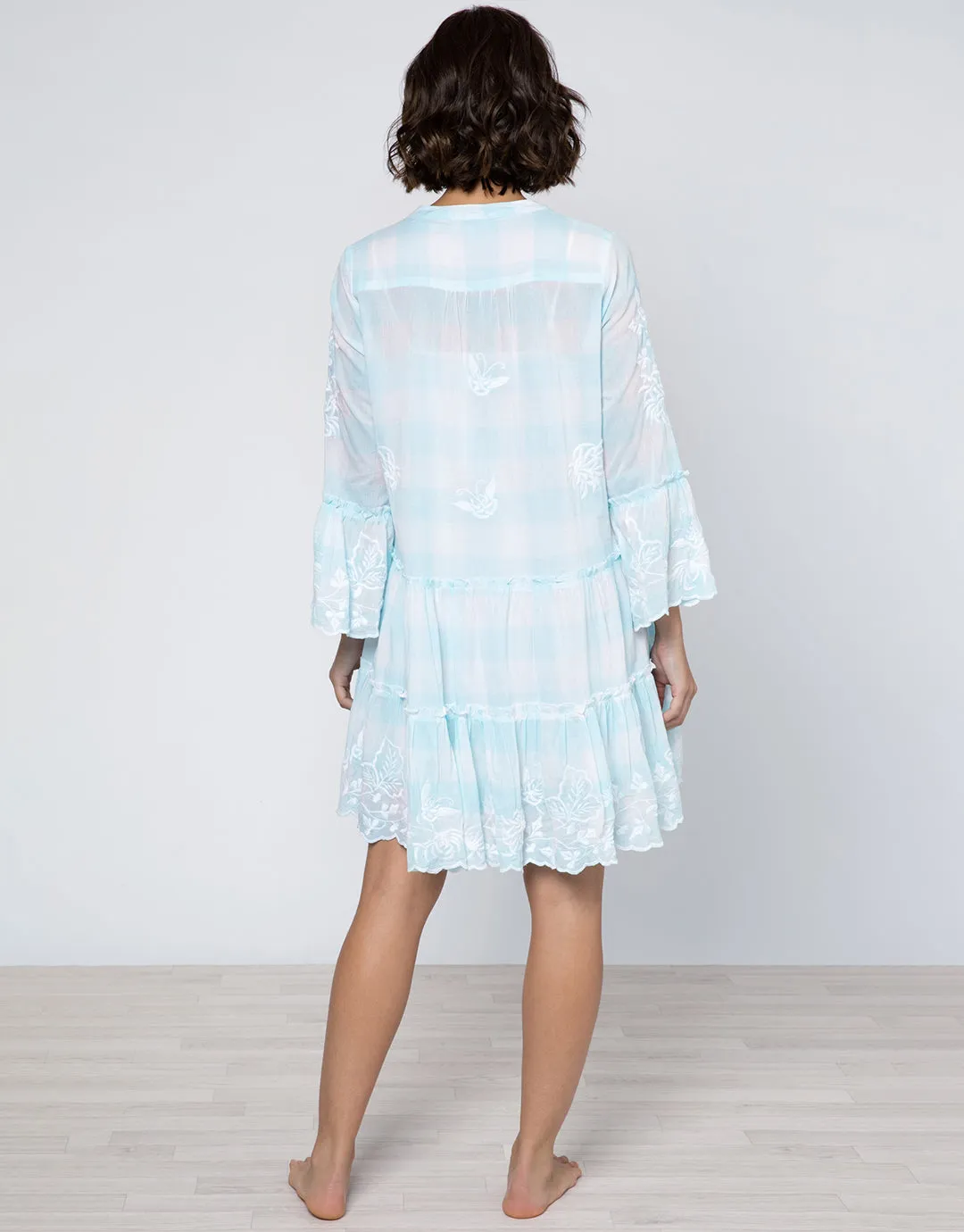 Butterfly Gingham Flared Sleeve Dress - Blue