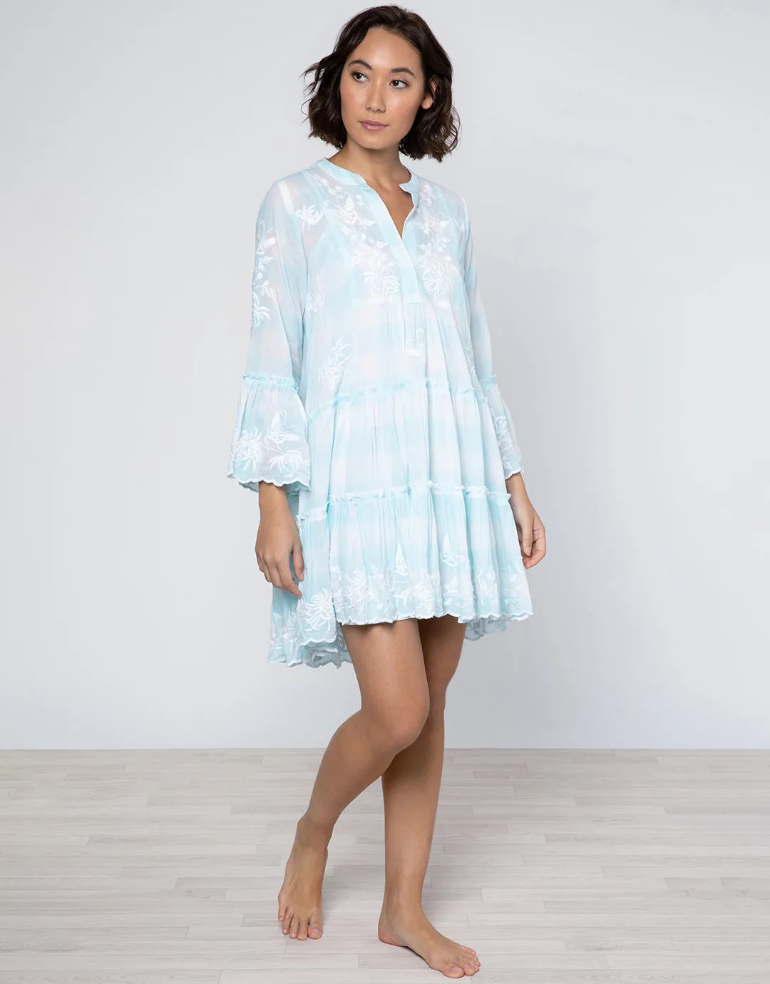 Butterfly Gingham Flared Sleeve Dress - Blue