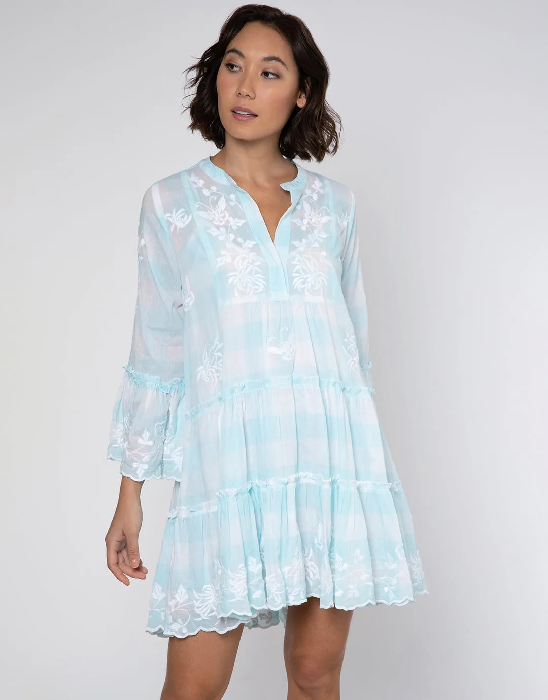 Butterfly Gingham Flared Sleeve Dress - Blue