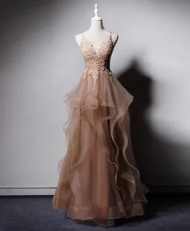 Champagne V Neck Tulle Lace Long Prom Dress Champagne Graduation Dress