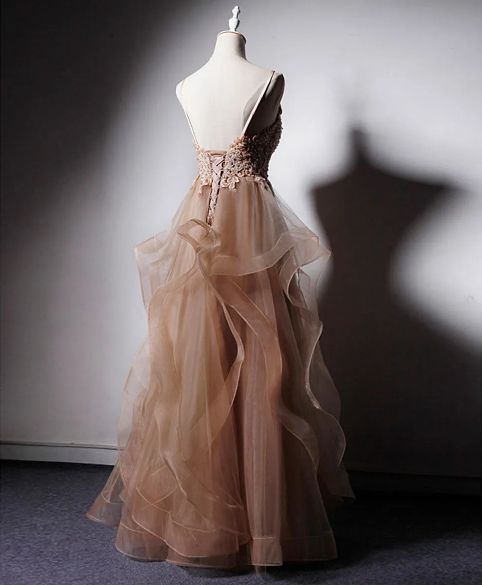 Champagne V Neck Tulle Lace Long Prom Dress Champagne Graduation Dress