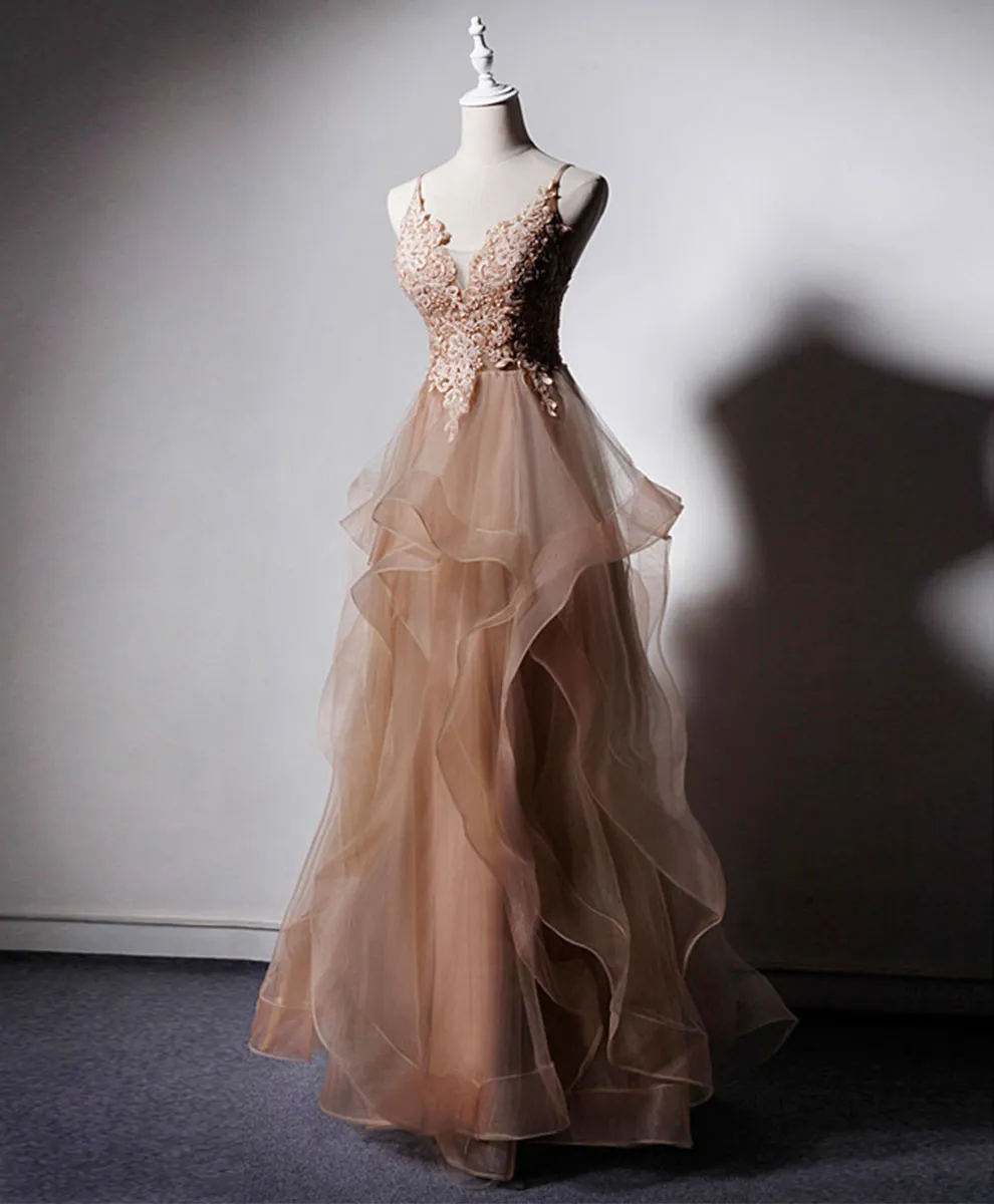 Champagne V Neck Tulle Lace Long Prom Dress Champagne Graduation Dress