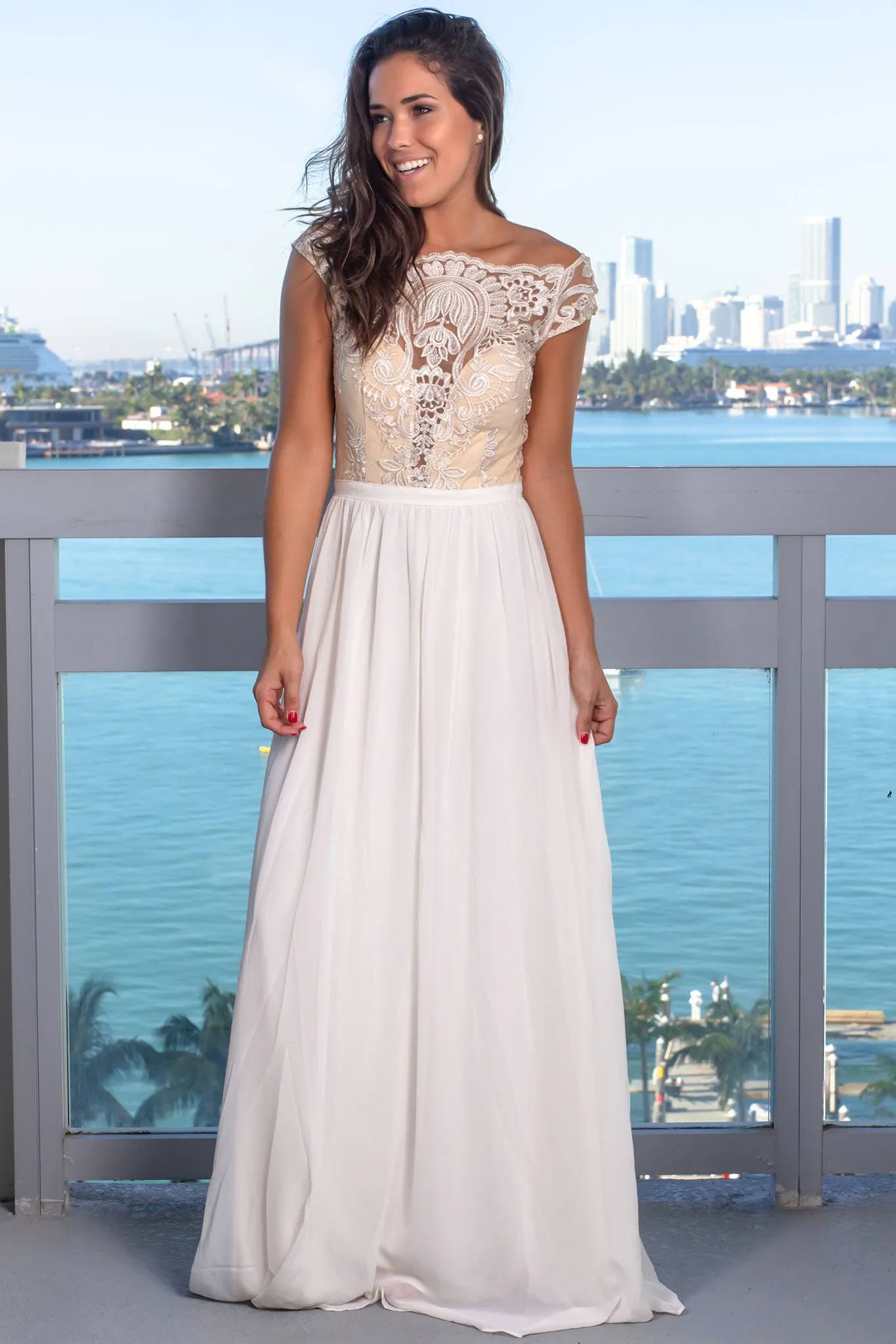 Cream Embroidered Top Off Shoulder Maxi Dress