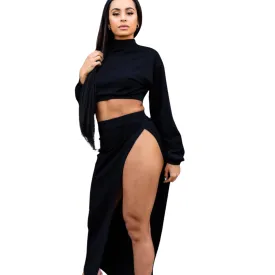 Crop Top & High Split Skirt - Black