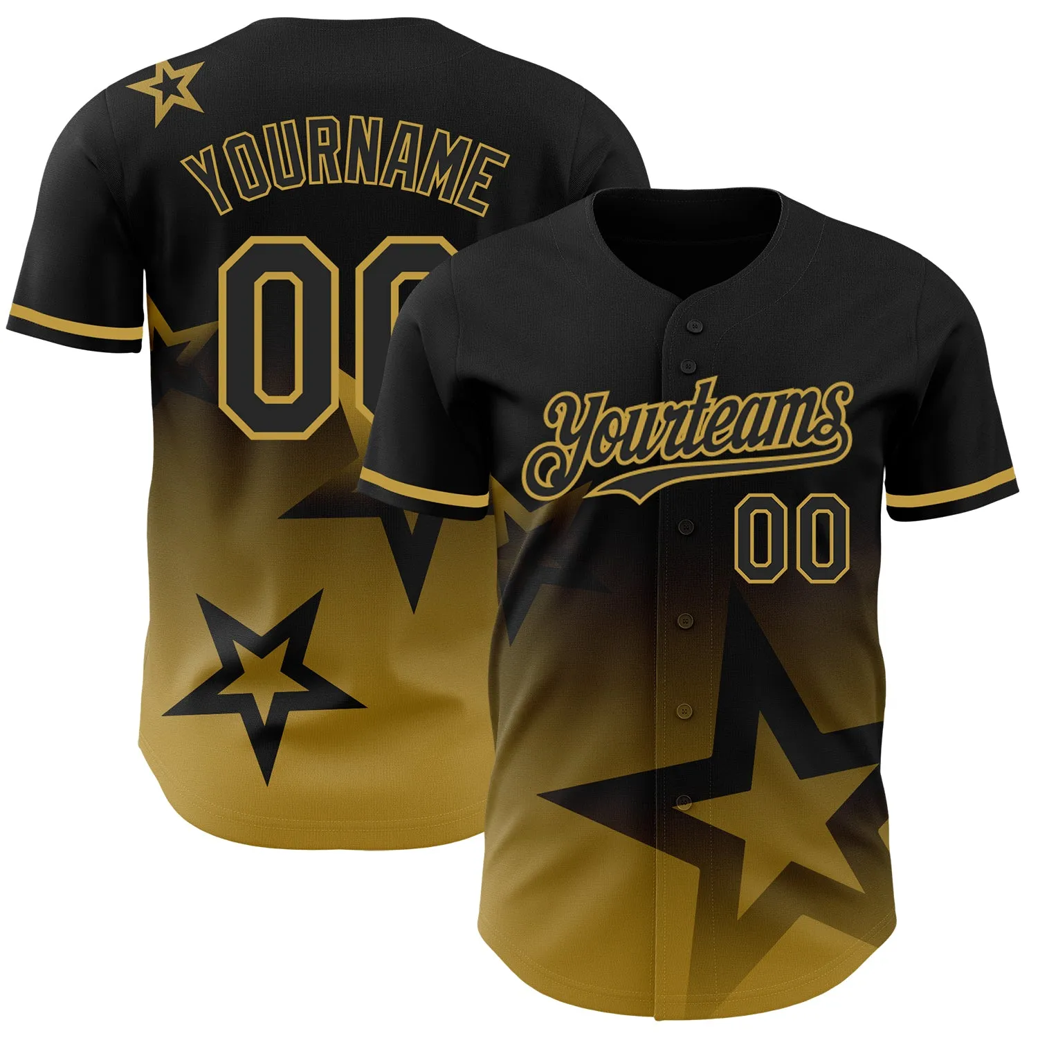 Custom Black Old Gold 3D Pattern Design Gradient Style Twinkle Star Authentic Baseball Jersey