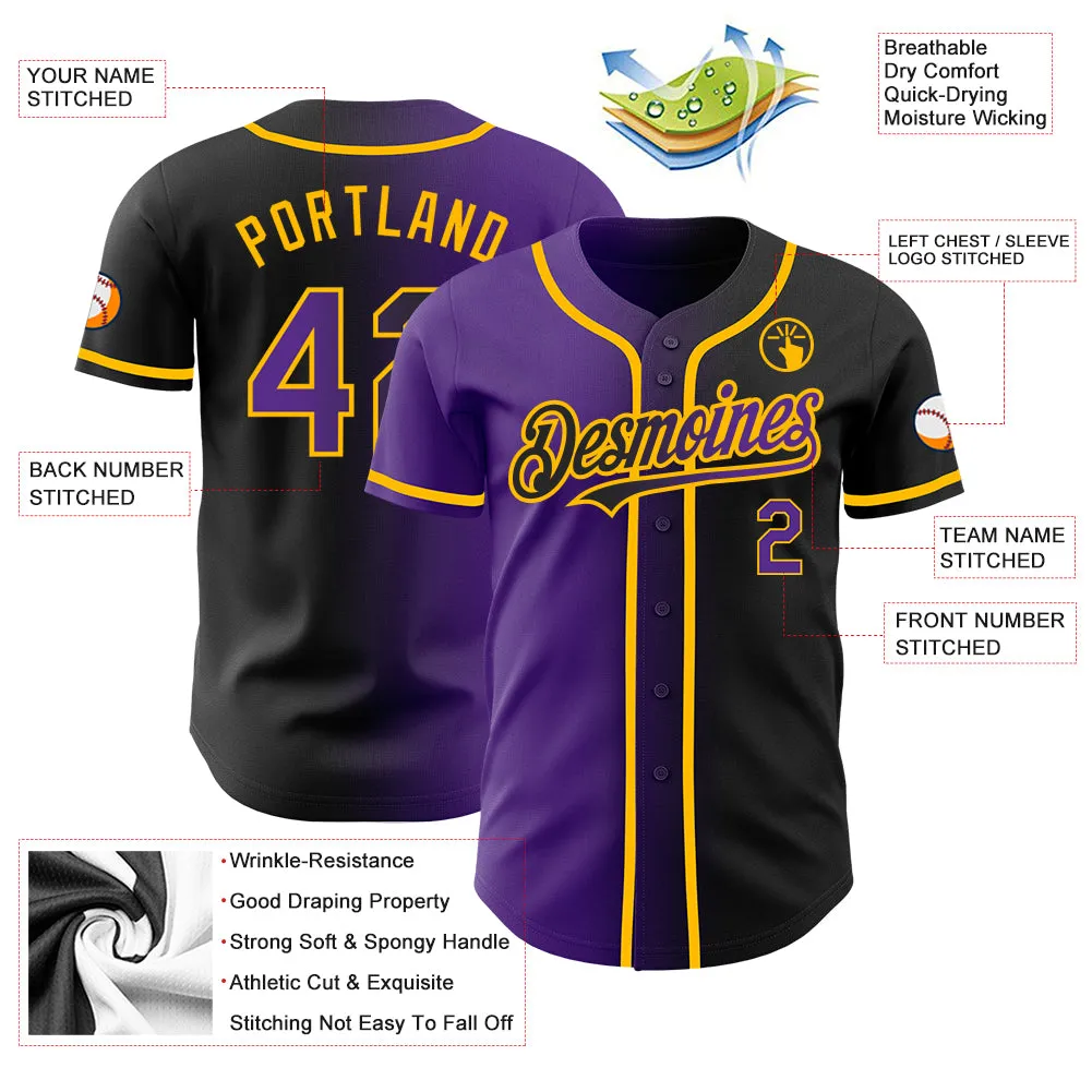 Custom Black Purple-Gold Authentic Gradient Fashion Baseball Jersey