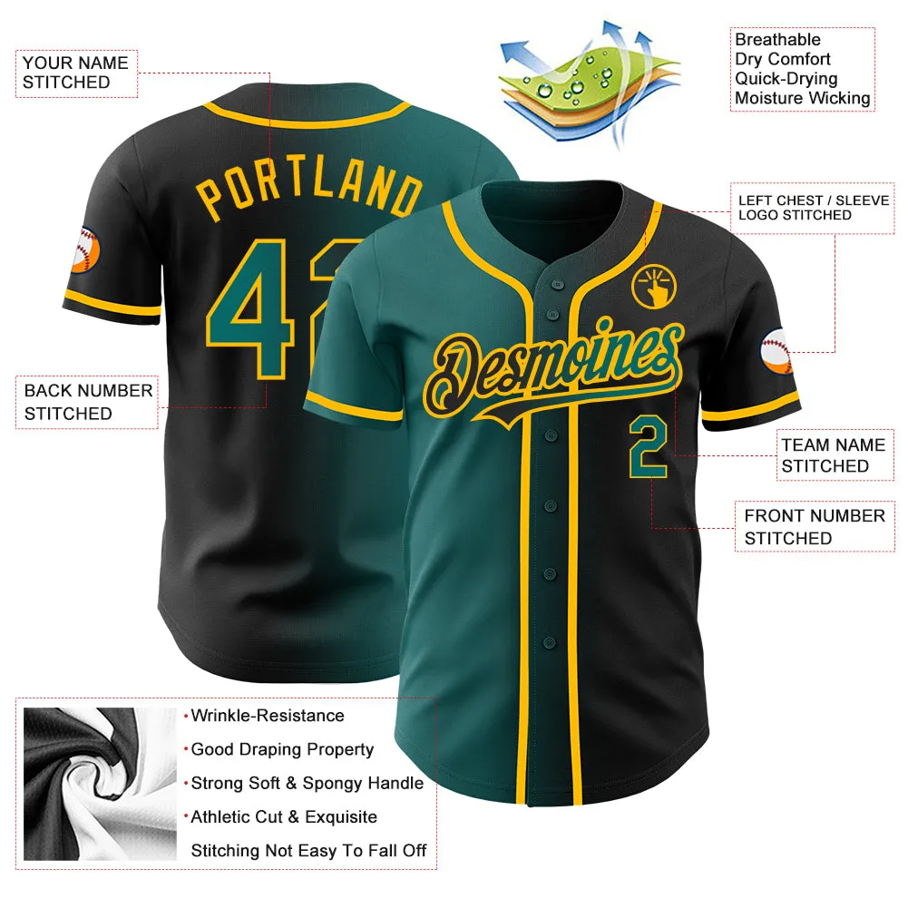 Custom Black Teal-Gold Authentic Gradient Fashion Baseball Jersey