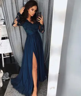 Custom Made Blue Long Sleeves Lace Prom Dress with Leg Slit, Blue Lace Long Evening Dress, Blue Graduation Dress